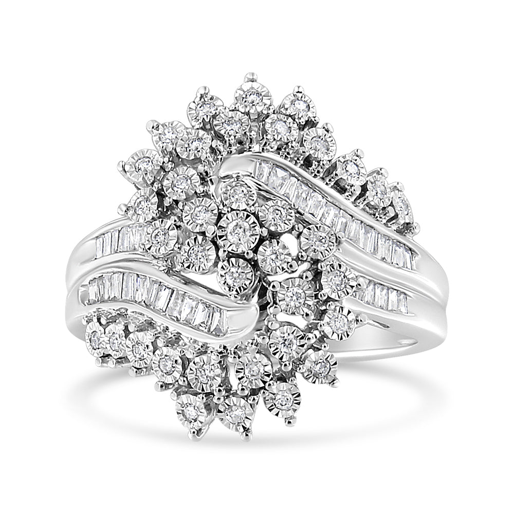 10K White Gold 1/2 Cttw Round and Baguette-Cut "S" Shaped Bypass
