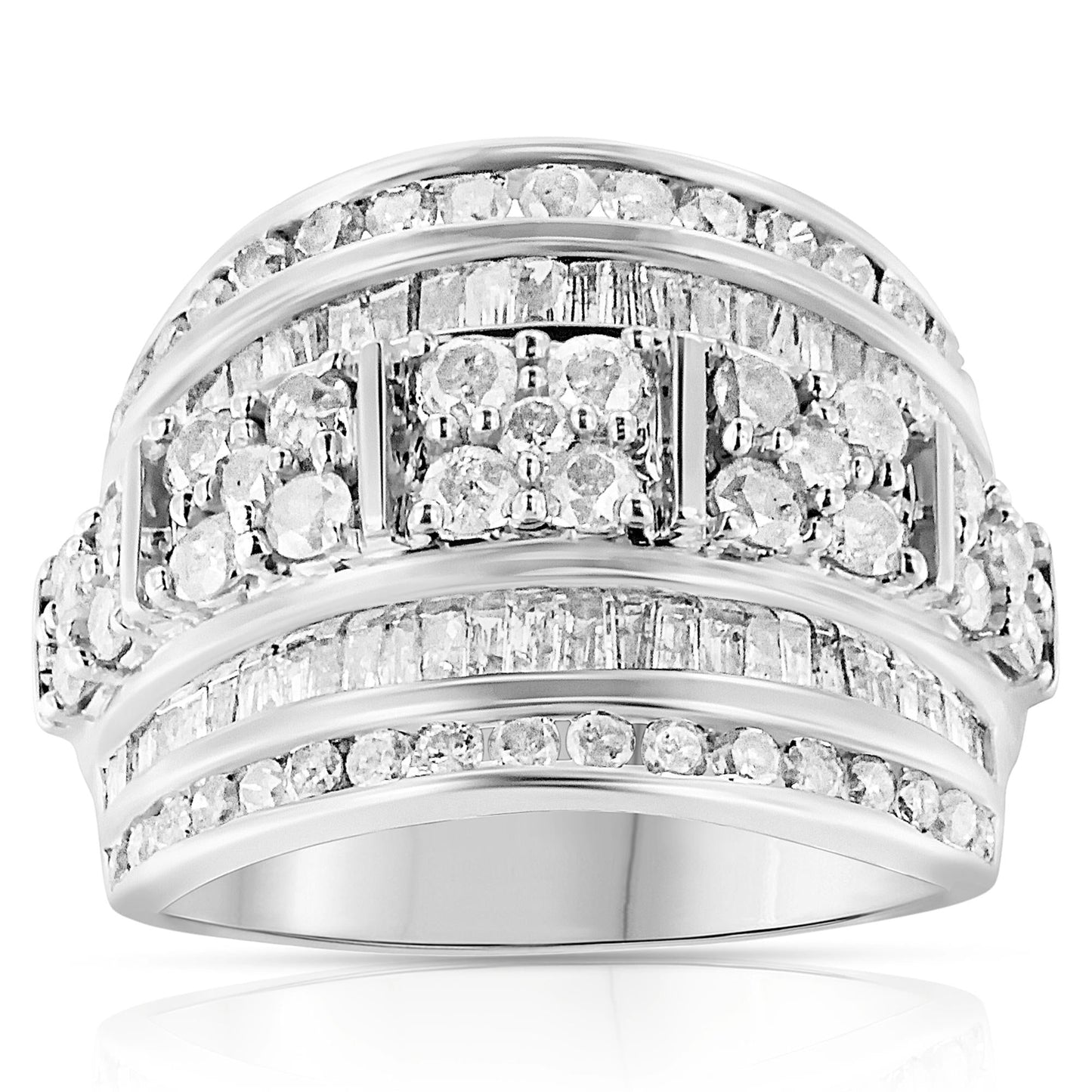 .925 Sterling Silver 2.0 Cttw Round & Baguette Cut Diamond Multi-Row