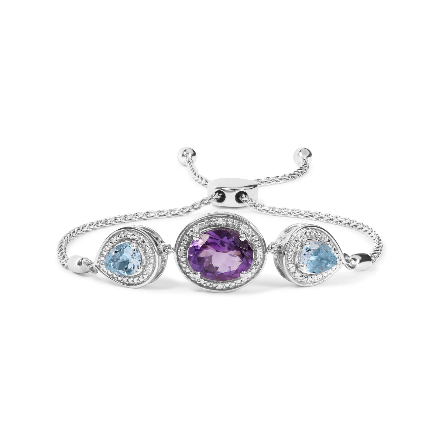 .925 Sterling Silver Oval Amethyst and Pear Blue Topaz with Diamond