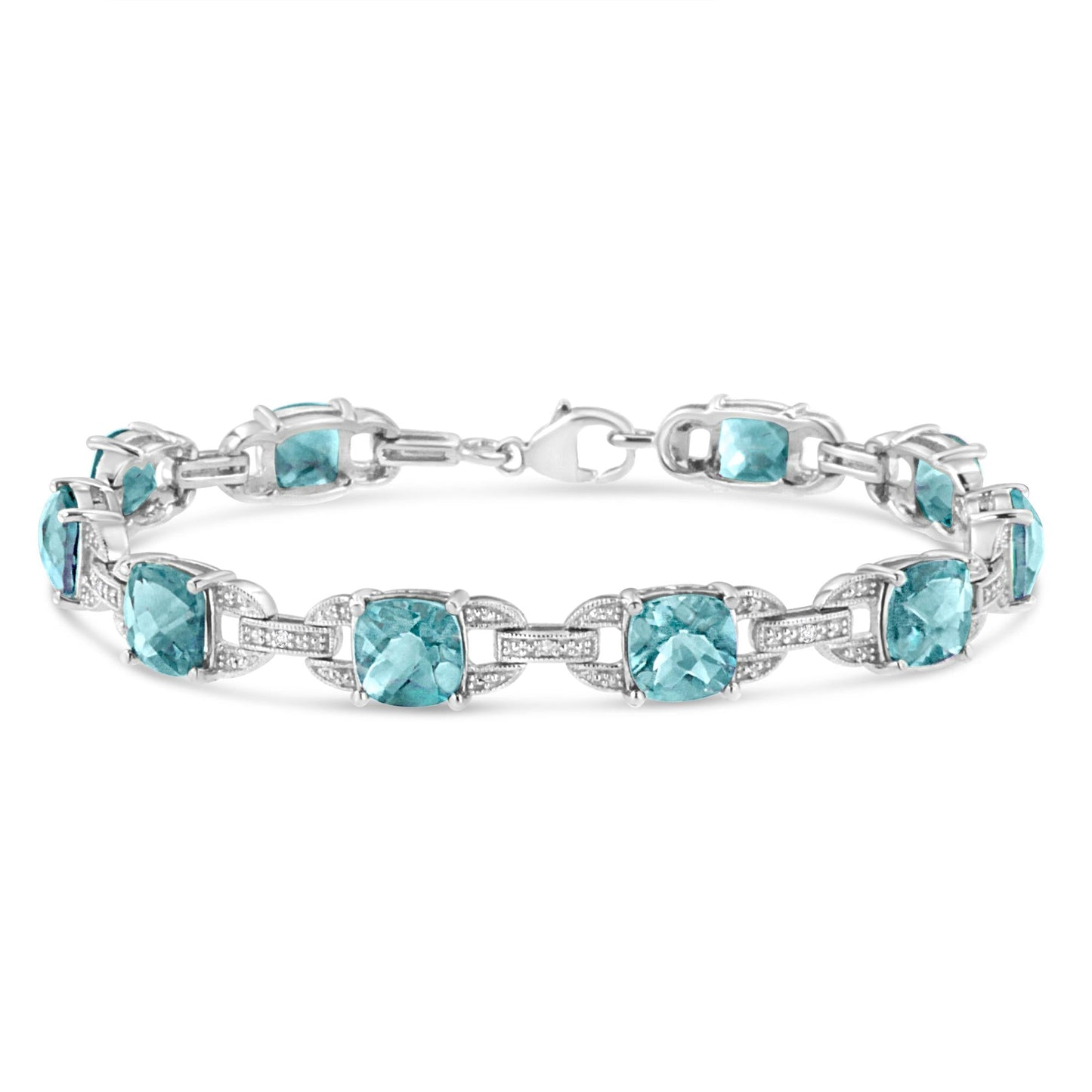 .925 Sterling Silver 7x7 mm Cushion Cut Blue Topaz and 1/20 cttw Round