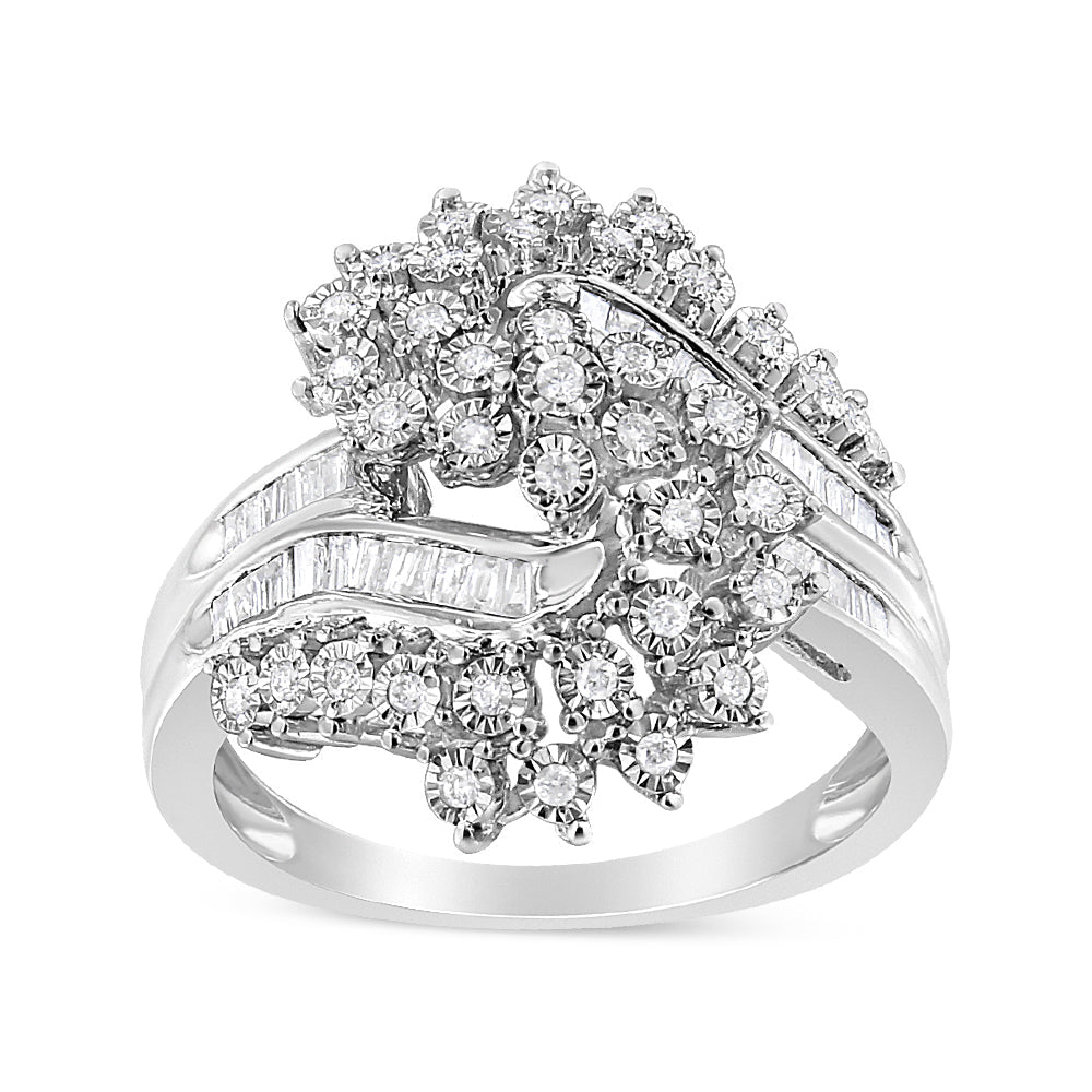 10K White Gold 1/2 Cttw Round and Baguette-Cut "S" Shaped Bypass