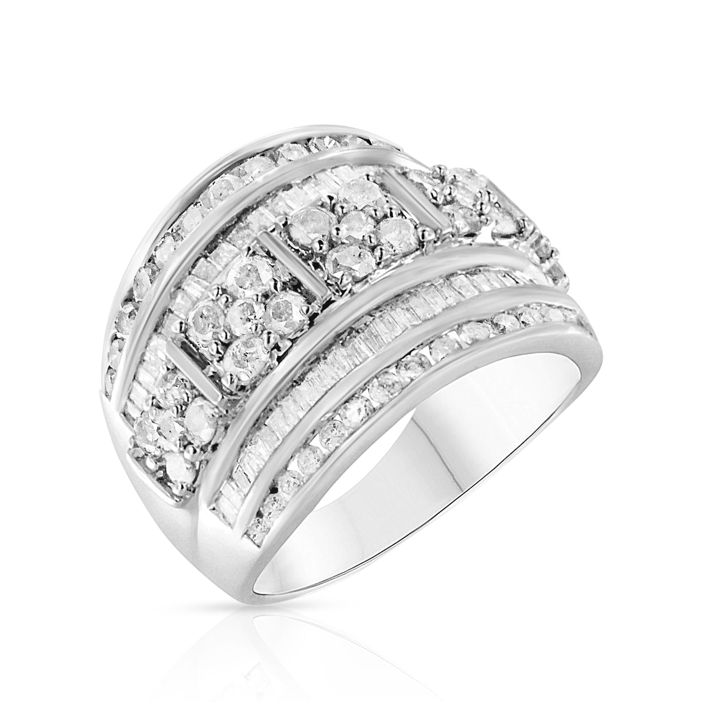 .925 Sterling Silver 2.0 Cttw Round & Baguette Cut Diamond Multi-Row