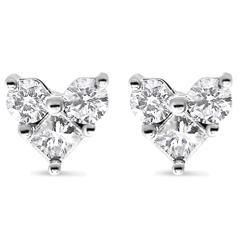 10K White Gold Diamond 3 Stone Trio Heart Stud Earring (I-J Color,