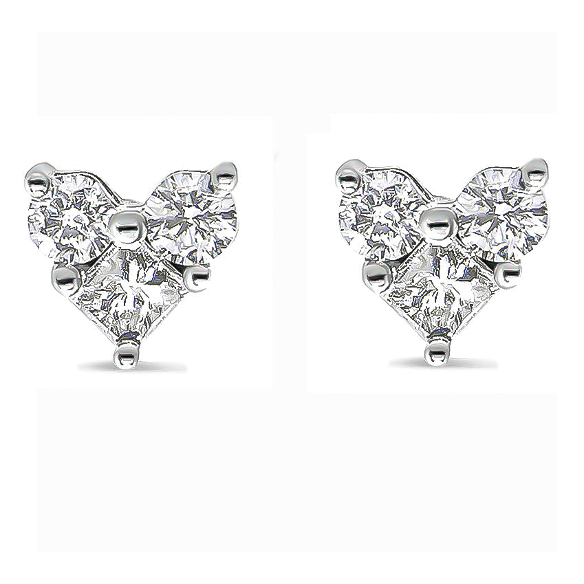 10K White Gold Diamond 3 Stone Trio Heart Stud Earring (I-J Color,