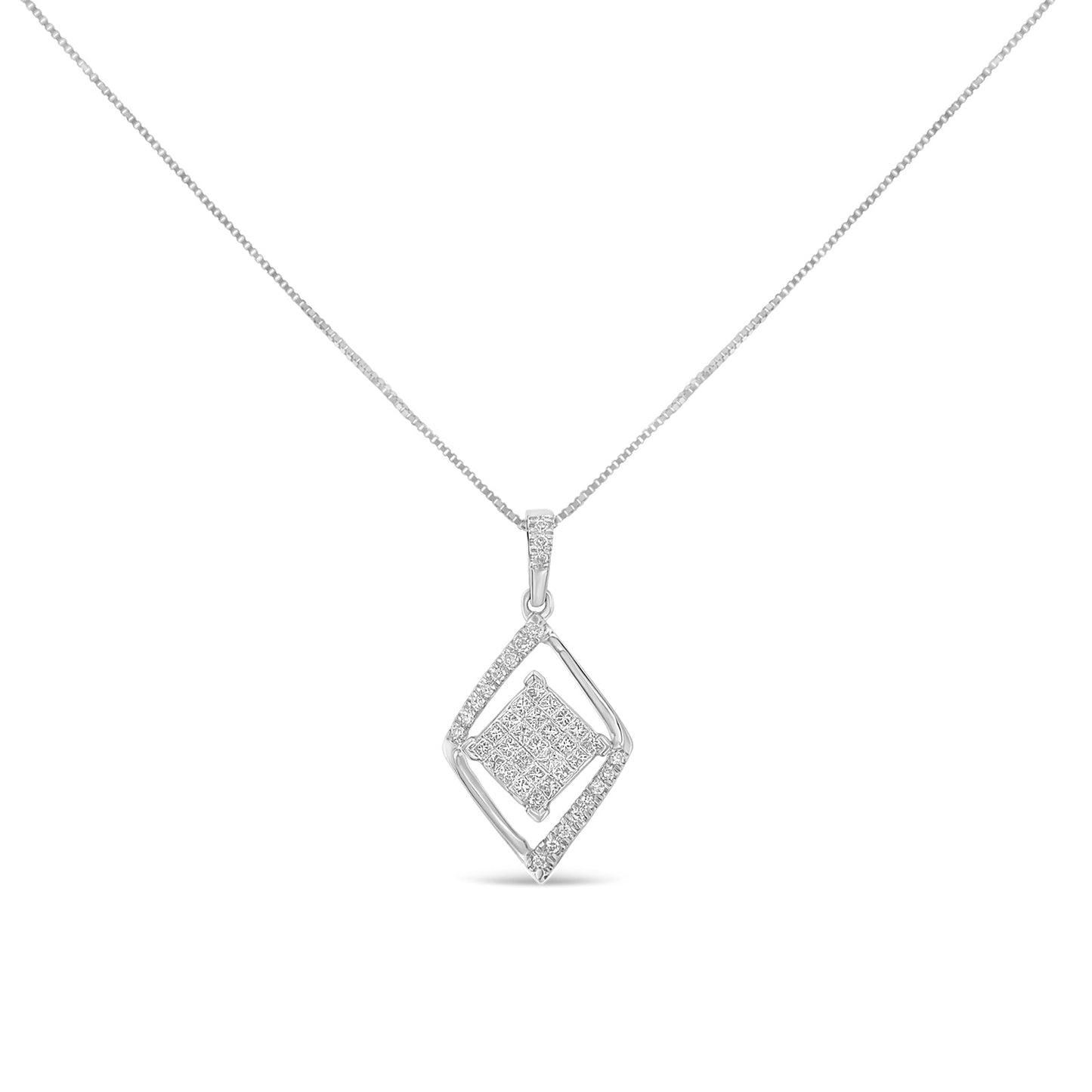 10k White Gold 1/3 Cttw Round and Princess-Cut Diamond Double Triangle