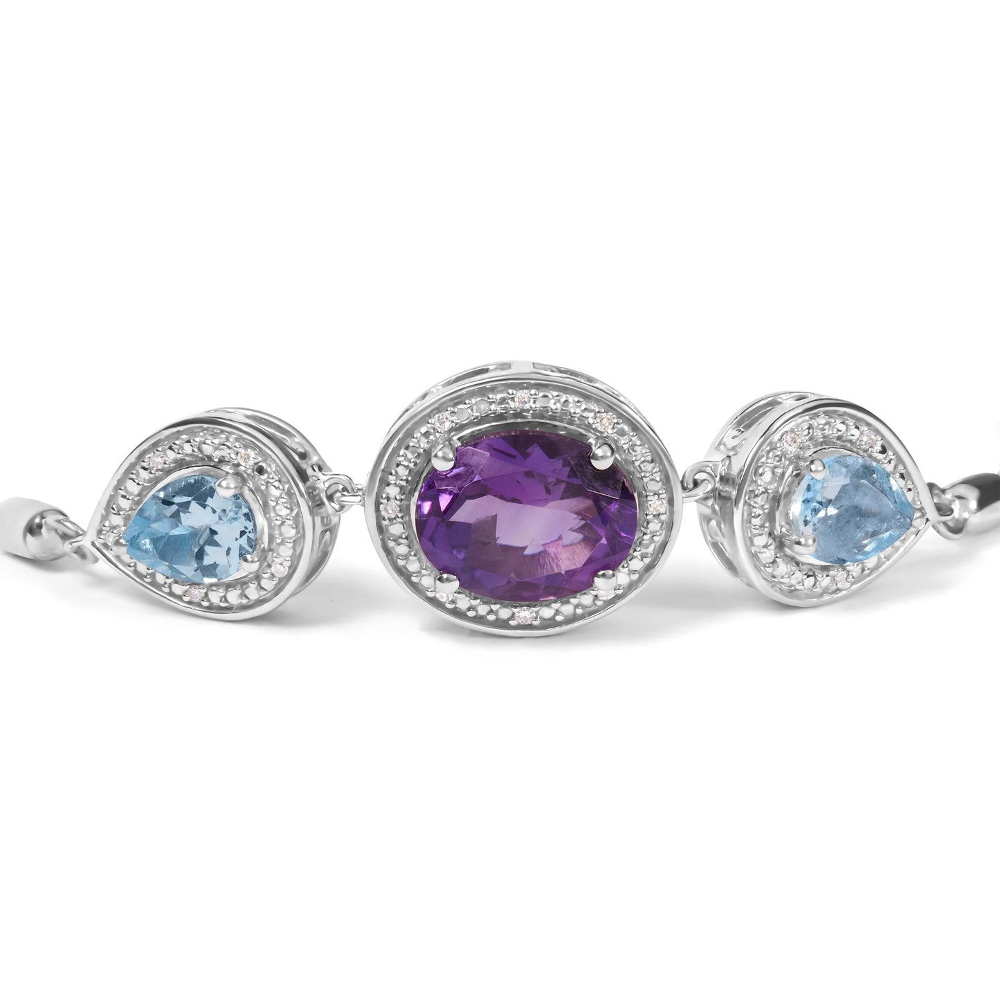 .925 Sterling Silver Oval Amethyst and Pear Blue Topaz with Diamond