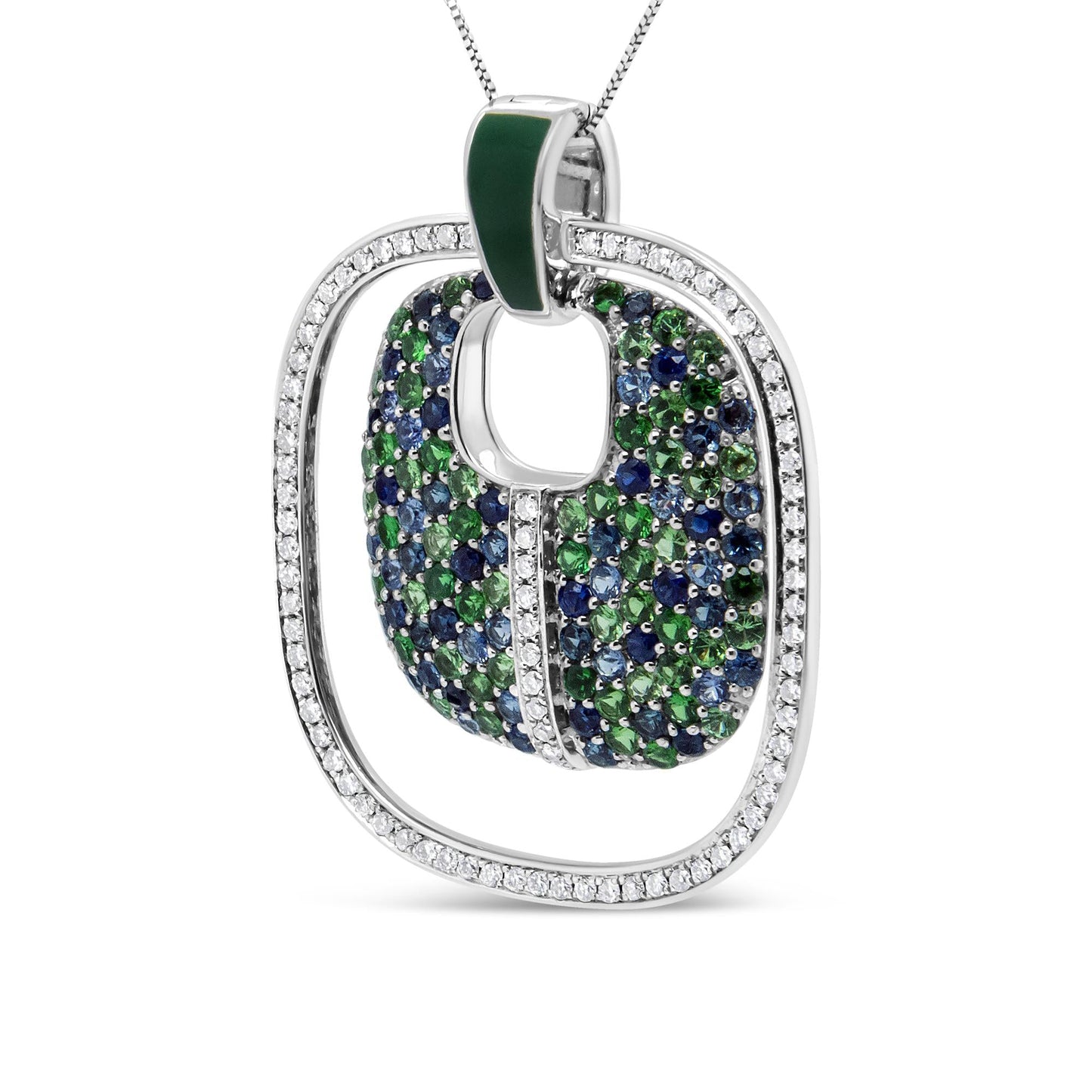 .925 Sterling Silver Green Enamel Pendant with 1/2 Cttw Diamond,