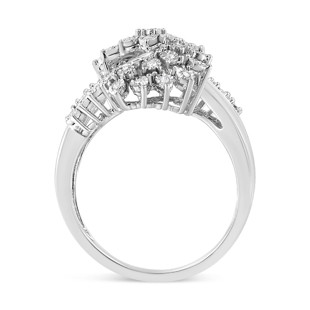 10K White Gold 1/2 Cttw Round and Baguette-Cut "S" Shaped Bypass