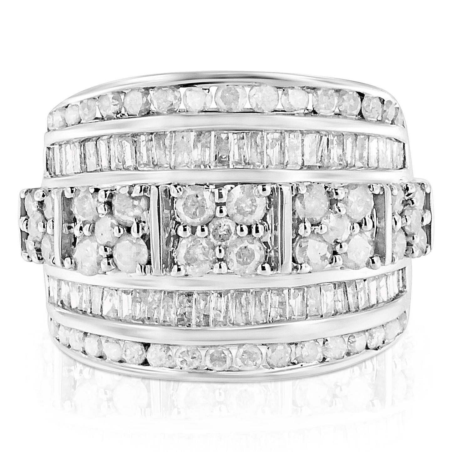 .925 Sterling Silver 2.0 Cttw Round & Baguette Cut Diamond Multi-Row