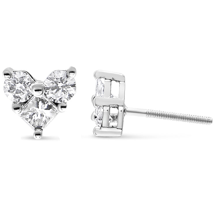 10K White Gold Diamond 3 Stone Trio Heart Stud Earring (I-J Color,