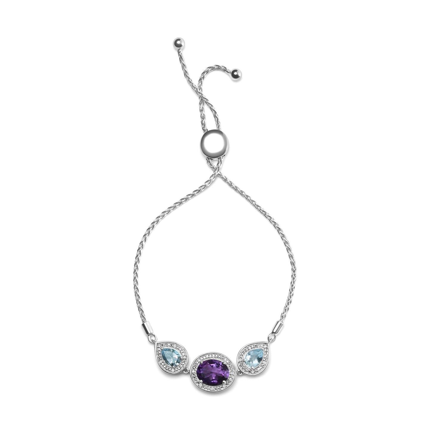 .925 Sterling Silver Oval Amethyst and Pear Blue Topaz with Diamond