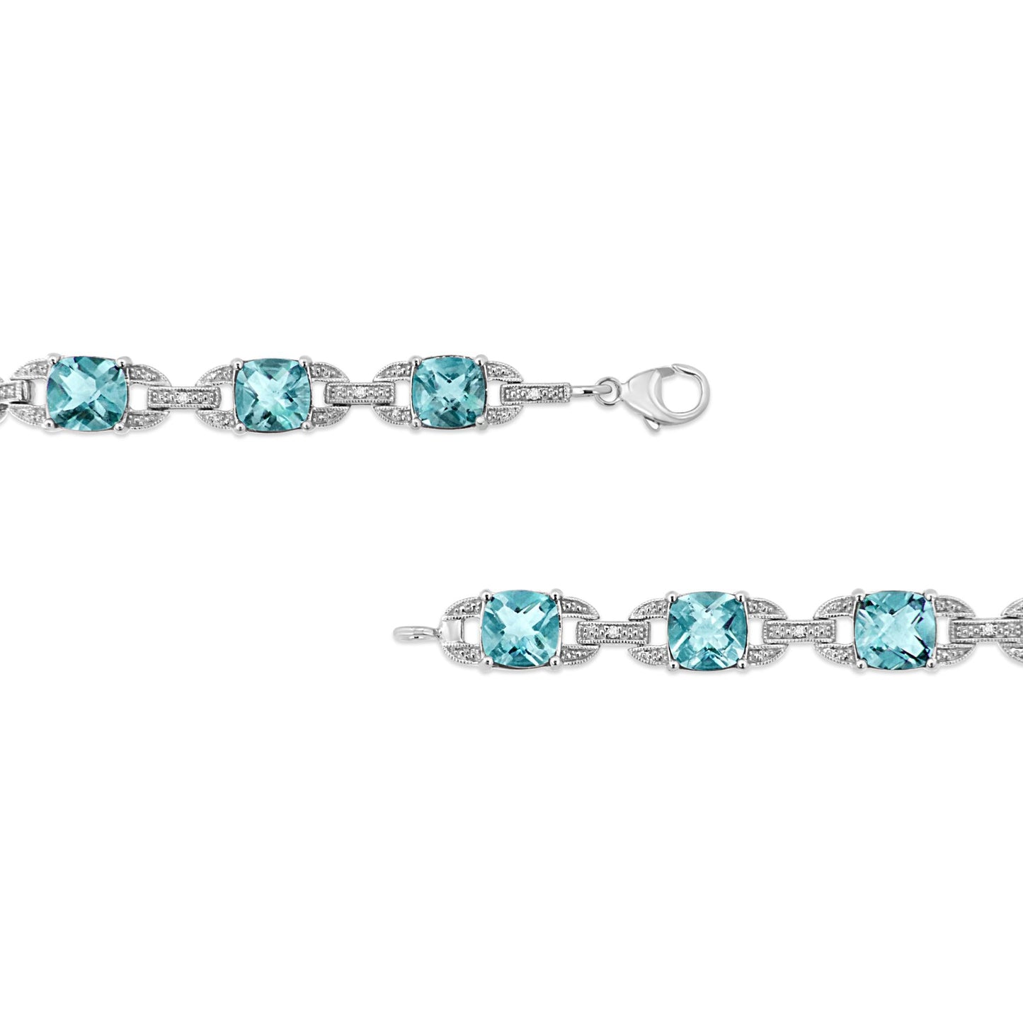 .925 Sterling Silver 7x7 mm Cushion Cut Blue Topaz and 1/20 cttw Round