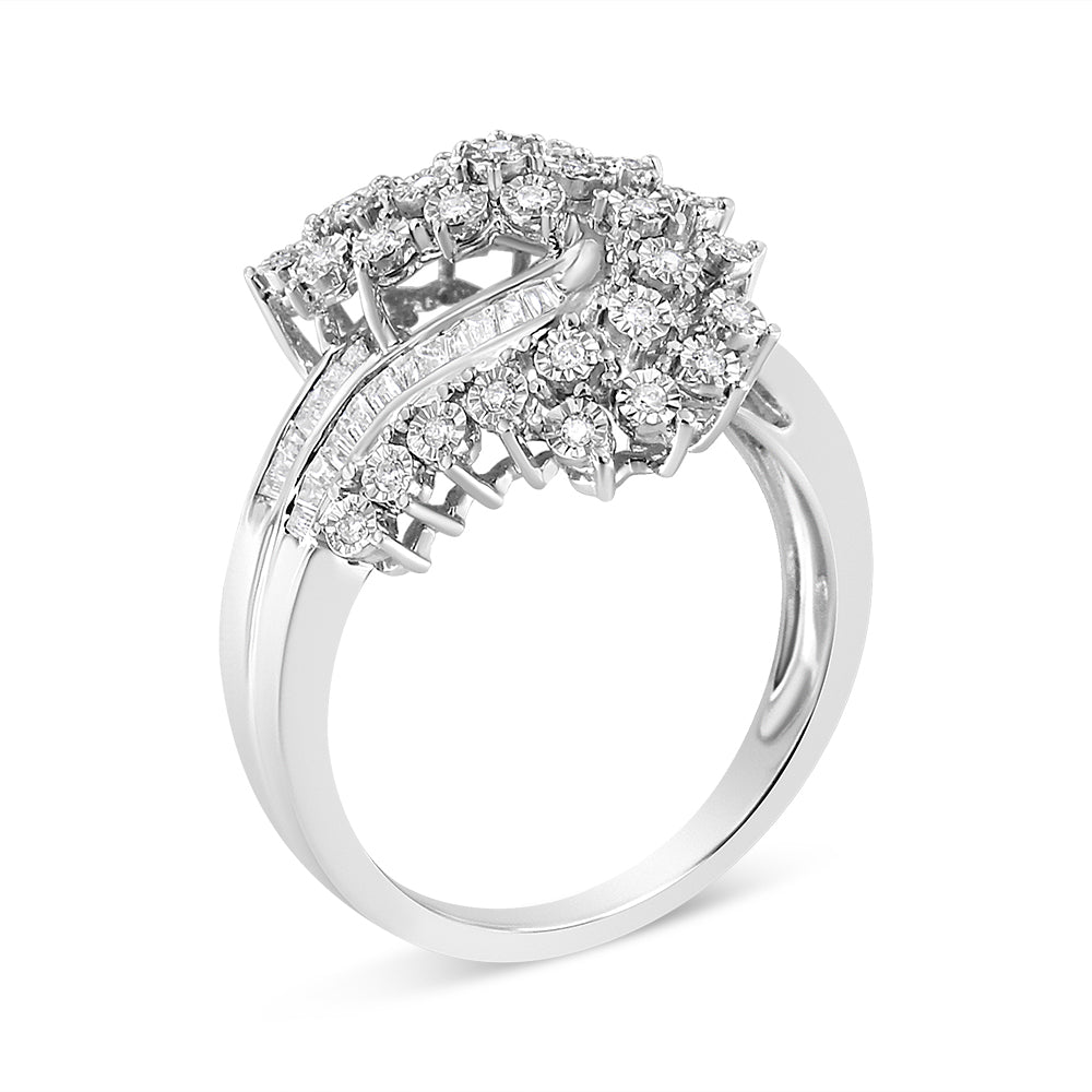 10K White Gold 1/2 Cttw Round and Baguette-Cut "S" Shaped Bypass
