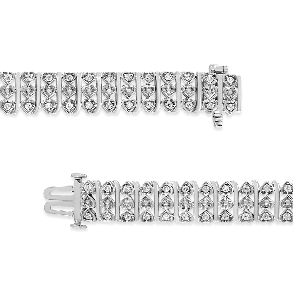 .925 Sterling Silver 1.00 Cttw Diamond Multi Row Heart Link Bracelet