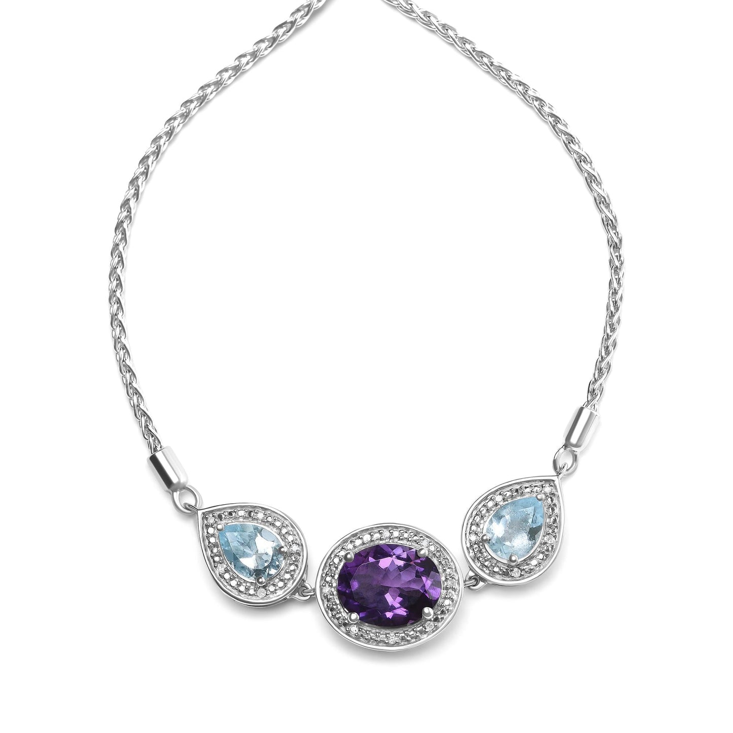 .925 Sterling Silver Oval Amethyst and Pear Blue Topaz with Diamond