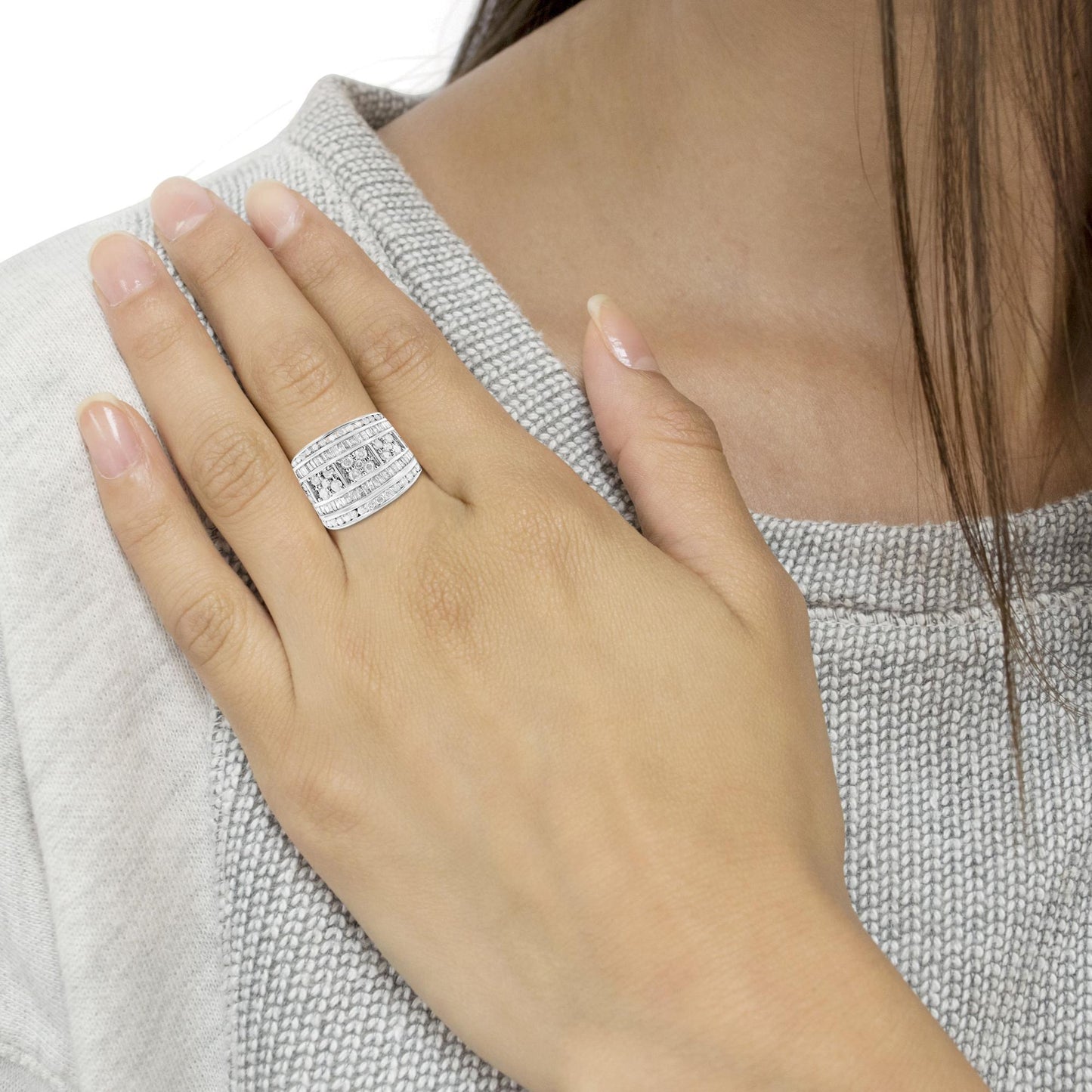 .925 Sterling Silver 2.0 Cttw Round & Baguette Cut Diamond Multi-Row