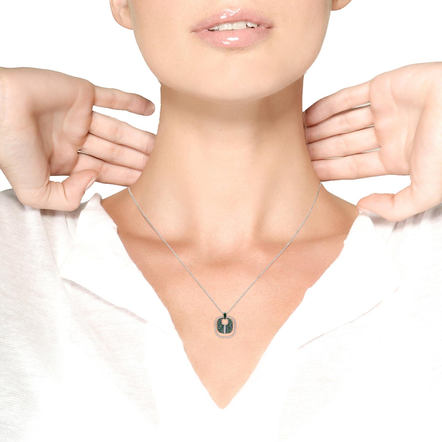 .925 Sterling Silver Green Enamel Pendant with 1/2 Cttw Diamond,