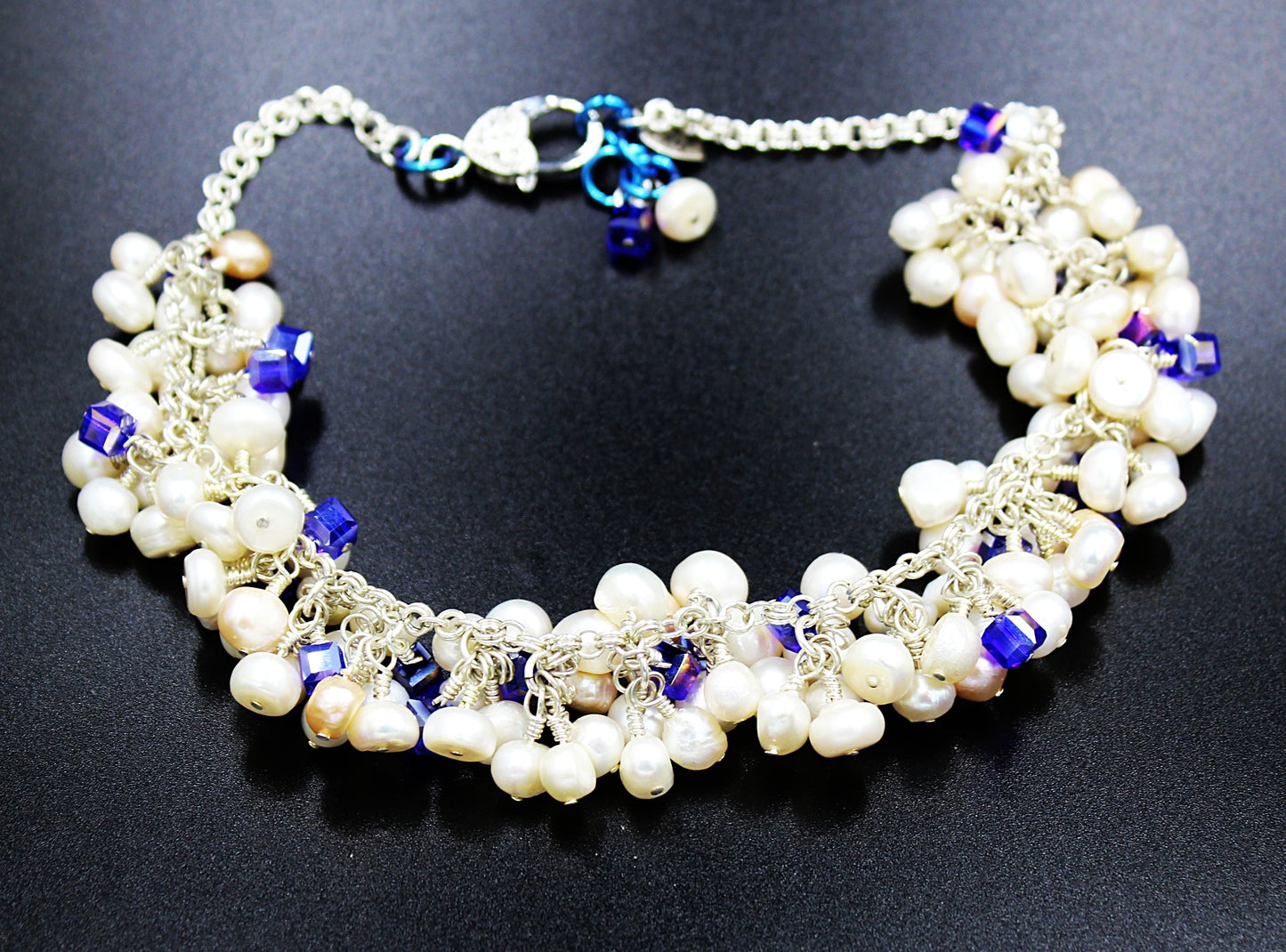 Freshwater Pearl and Dark Blue Crystal Necklace with Silver-Plated