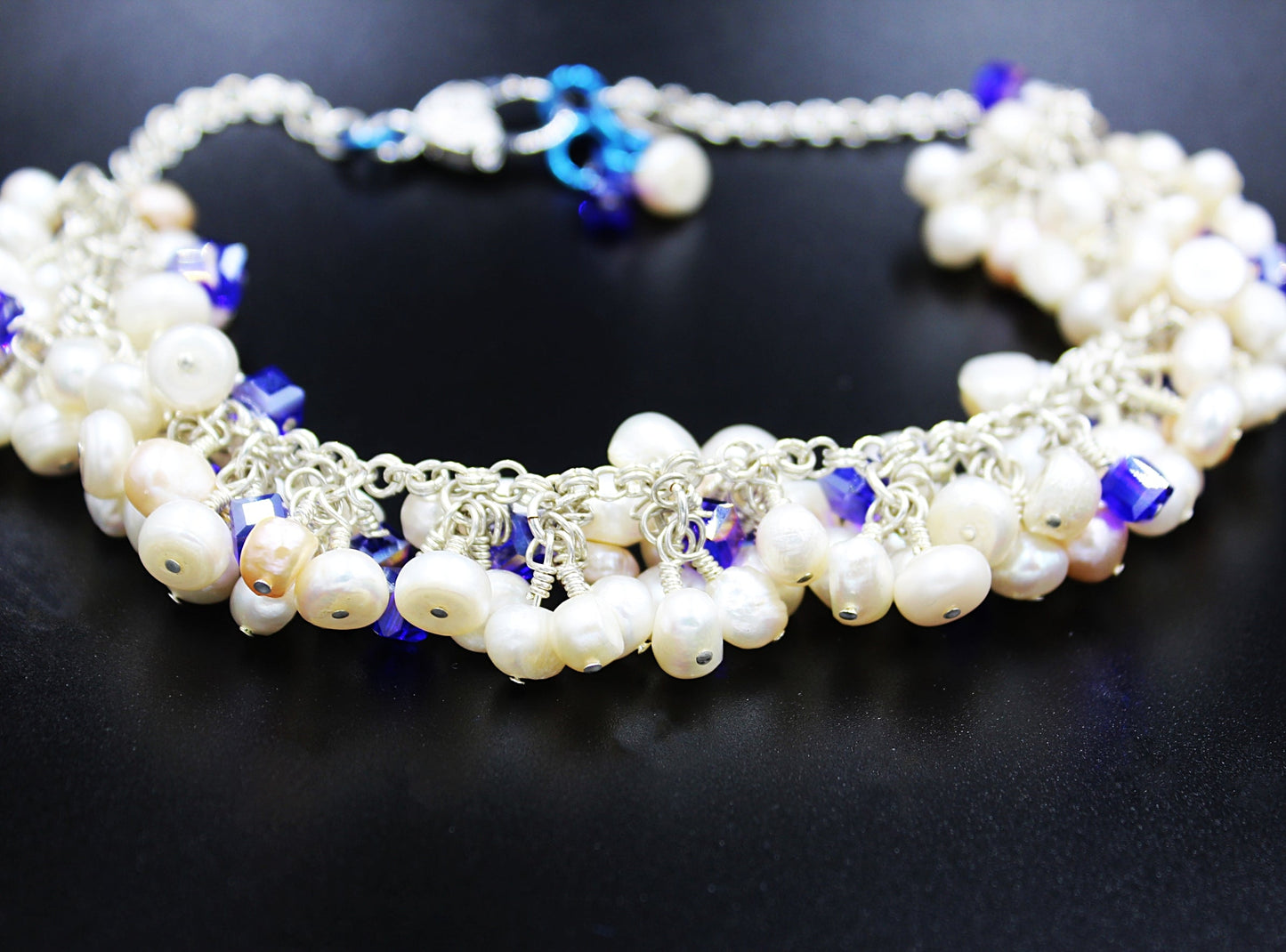 Freshwater Pearl and Dark Blue Crystal Necklace with Silver-Plated