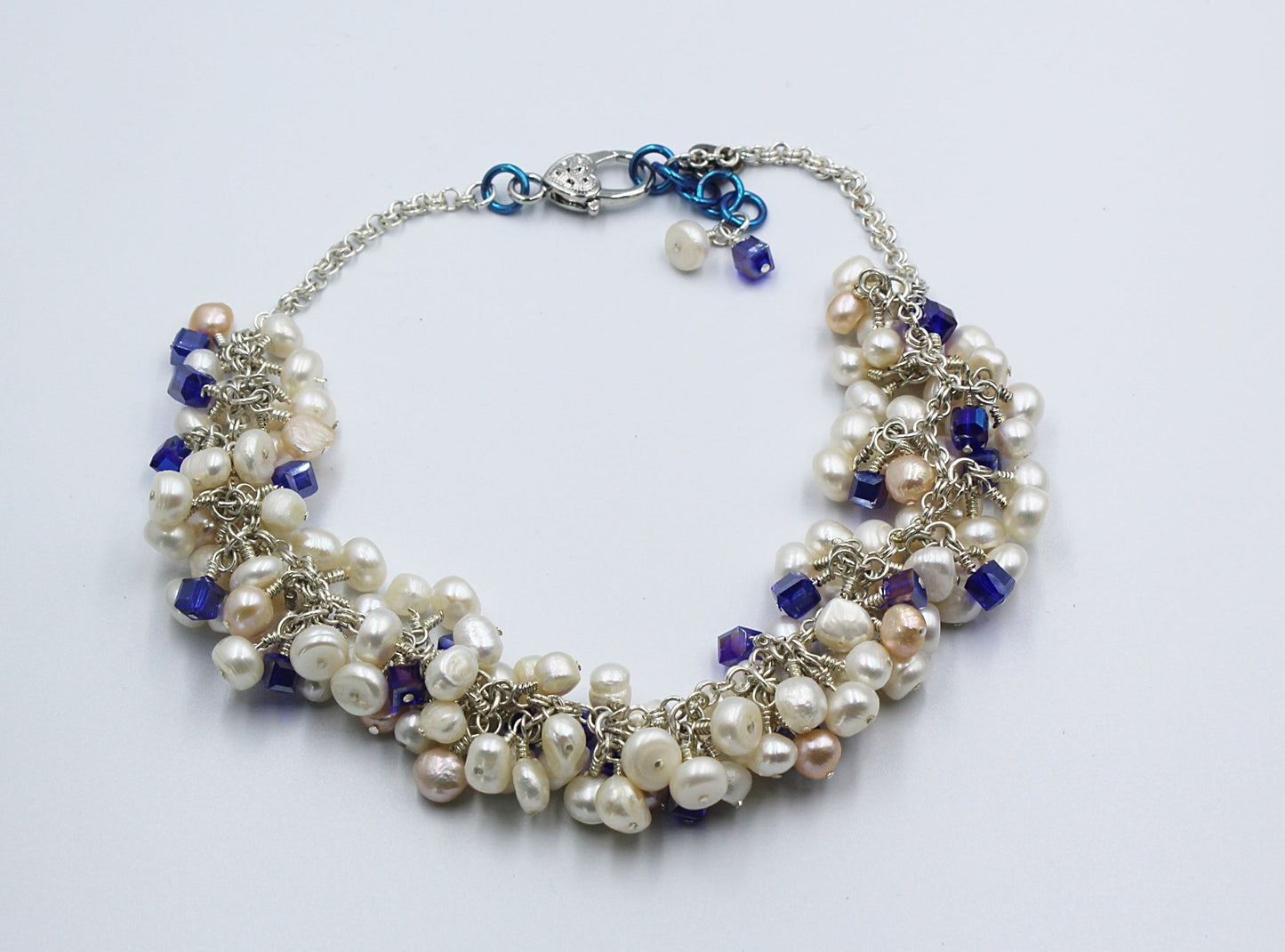Freshwater Pearl and Dark Blue Crystal Necklace with Silver-Plated