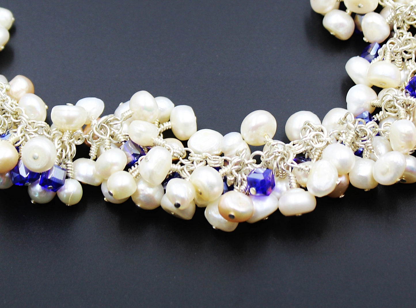 Freshwater Pearl and Dark Blue Crystal Necklace with Silver-Plated