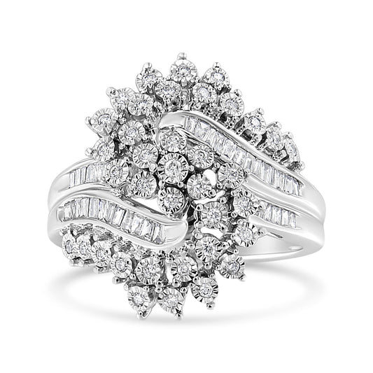 10K White Gold 1/2 Cttw Round and Baguette-Cut "S" Shaped Bypass