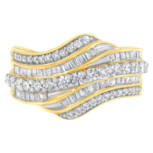 10K Yellow Gold 1.0 Cttw Baguette and Round Diamond Multi-Row Wave