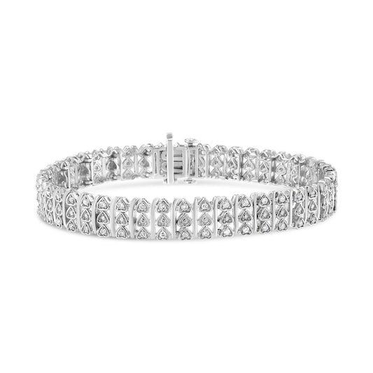.925 Sterling Silver 1.00 Cttw Diamond Multi Row Heart Link Bracelet