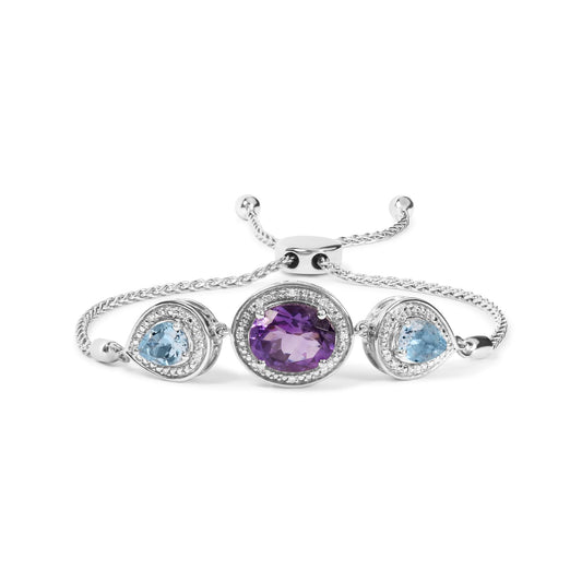 .925 Sterling Silver Oval Amethyst and Pear Blue Topaz with Diamond