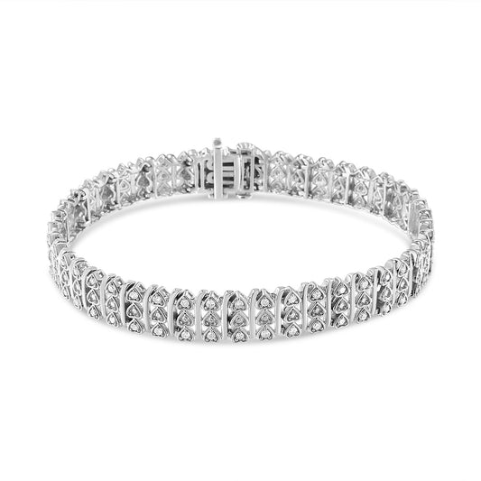 .925 Sterling Silver 1.00 Cttw Diamond Multi Row Heart Link Bracelet