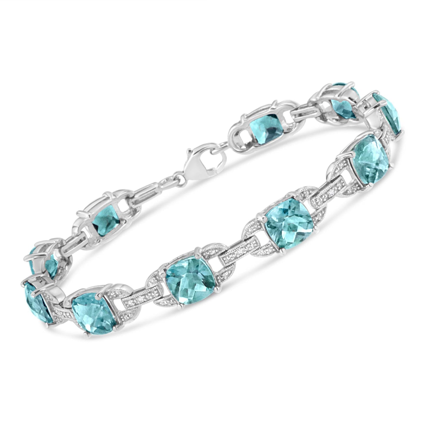 .925 Sterling Silver 7x7 mm Cushion Cut Blue Topaz and 1/20 cttw Round