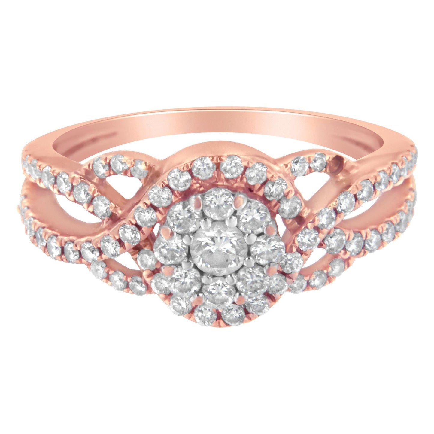 10K Rose Gold 3/4 Cttw Diamond Floral Cluster Head and Twisted Shank
