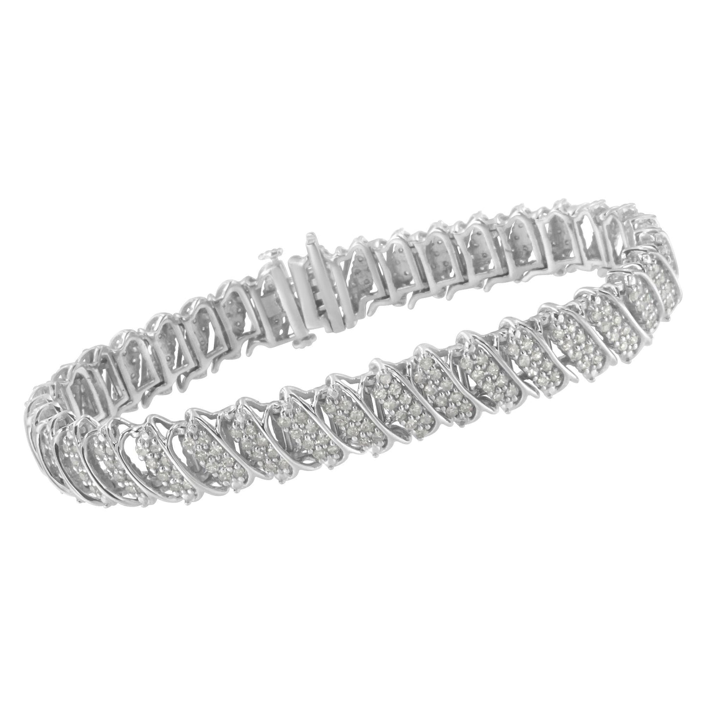.925 Sterling Silver 3.0 Cttw Diamond Multi Row Cluster Slanted Wave
