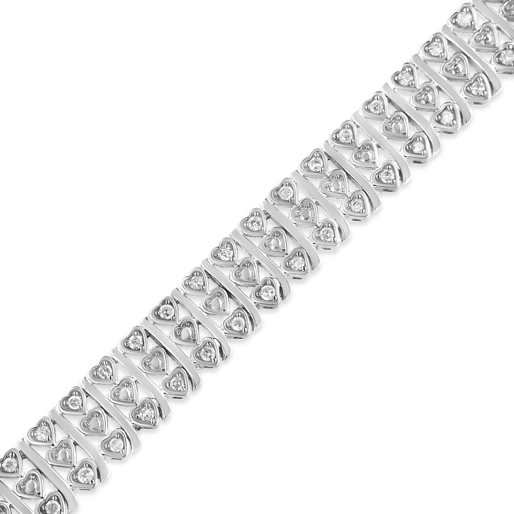.925 Sterling Silver 1.00 Cttw Diamond Multi Row Heart Link Bracelet