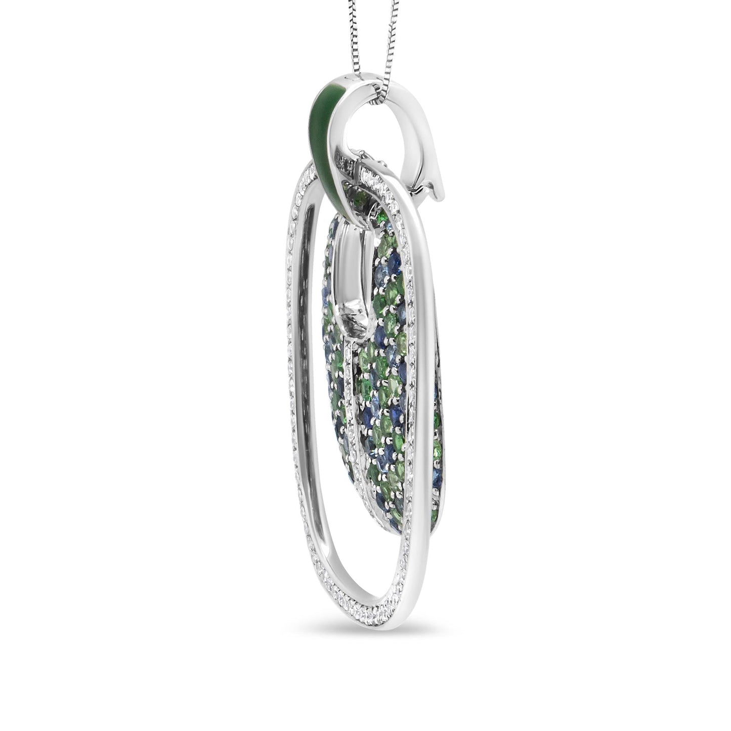 .925 Sterling Silver Green Enamel Pendant with 1/2 Cttw Diamond,