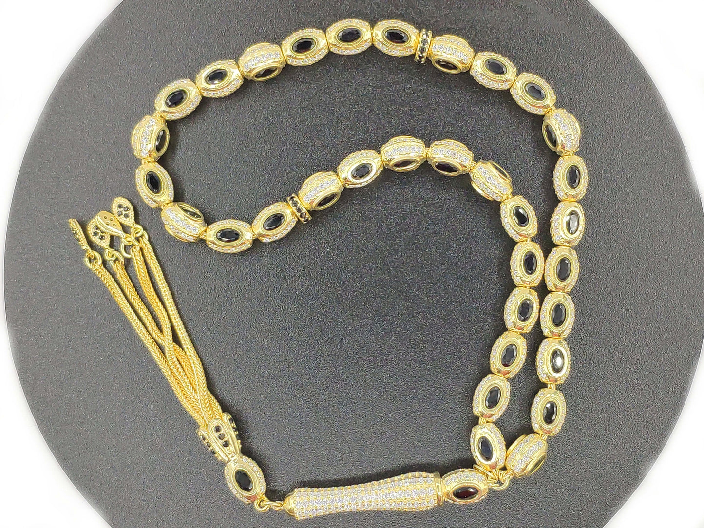 Gold Plated Sterling Silver Black Onyx Mounted Tasbih Rosary Oval
