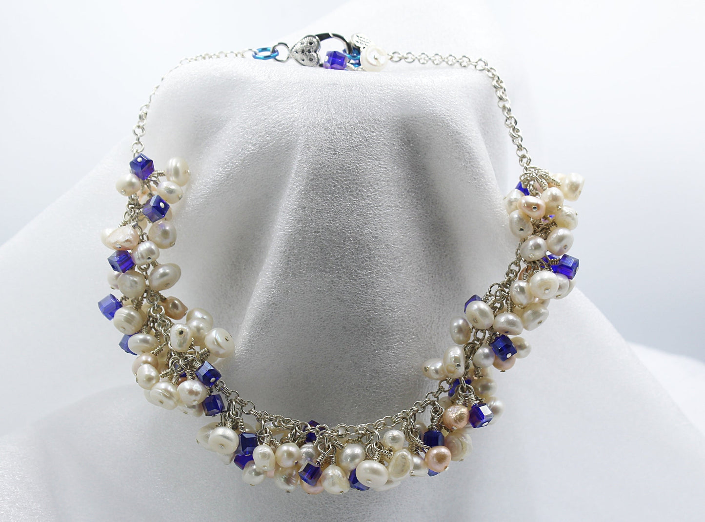 Freshwater Pearl and Dark Blue Crystal Necklace with Silver-Plated